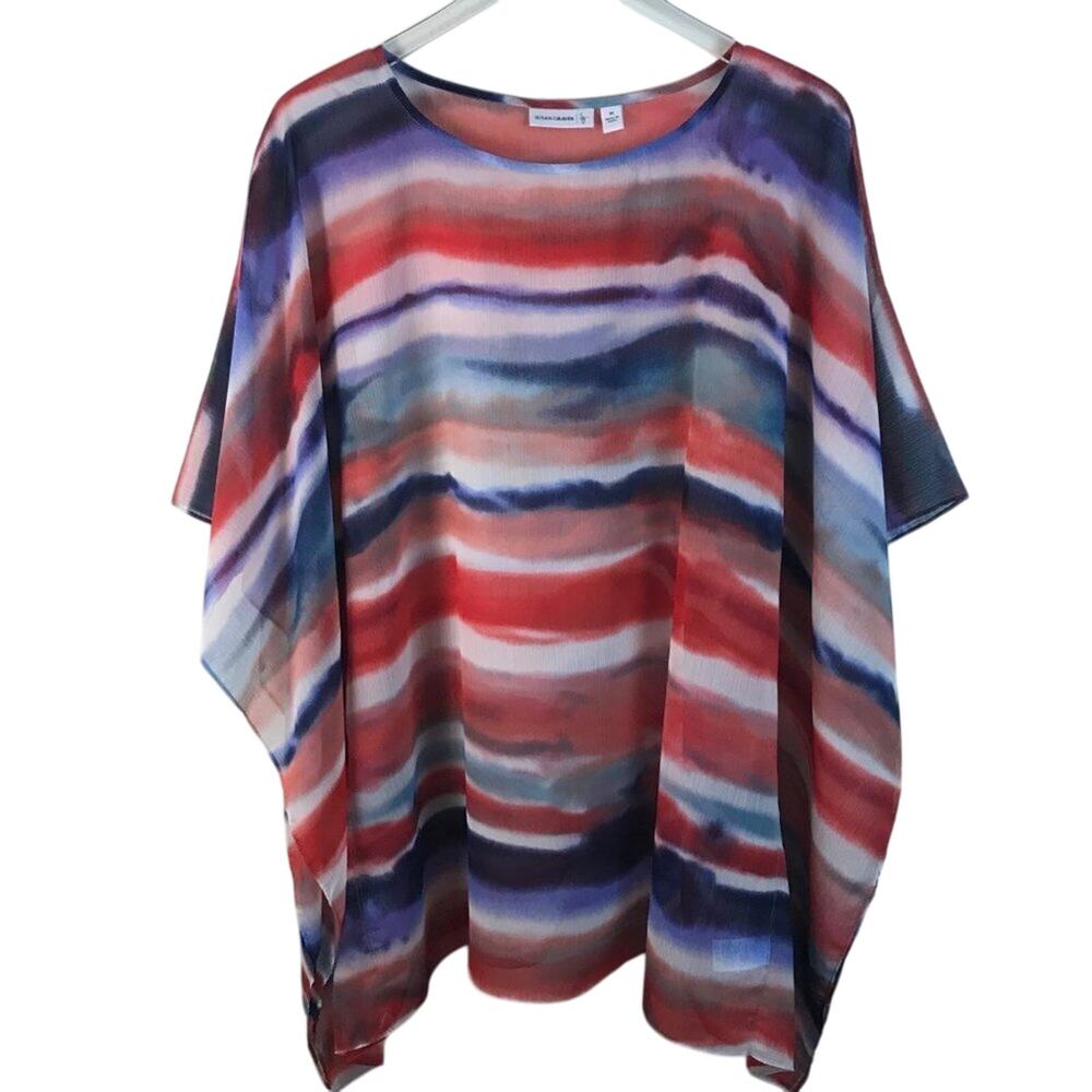 Susan Graver Red White Blue Stripe Chiffon Semi-Sheer Top Size Medium